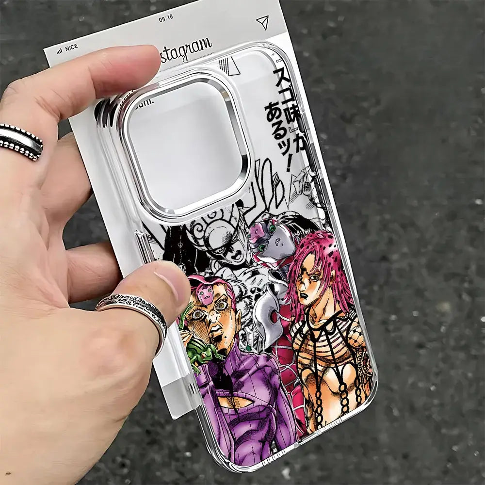 Clear soft cover phone case featuring vibrant jojo’s bizarre adventure anime characters in bold colorful design