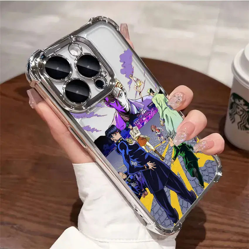 Clear protective samsung galaxy phone case with silver frame and vibrant bizarre adventure jotaro anime artwork on back side