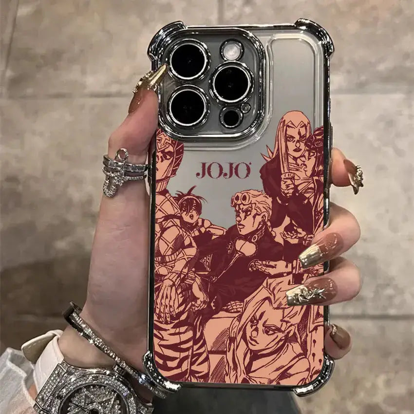 Clear phone case with silver metallic frame and red jojo’s bizarre adventure jotaro illustrations for samsung galaxy back side