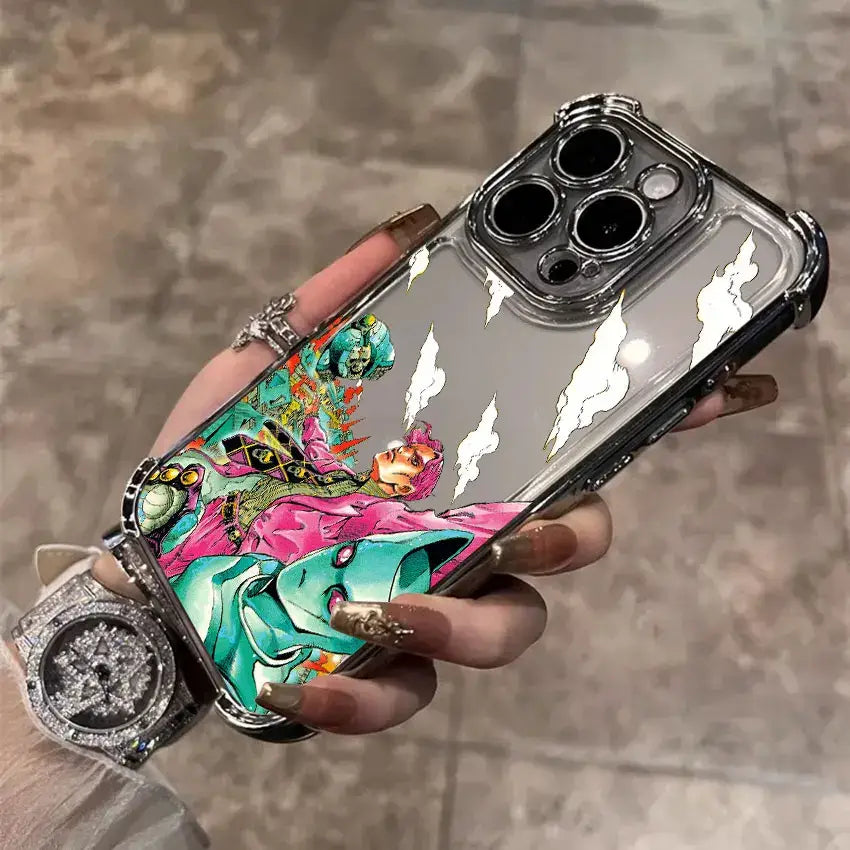 Clear phone case with vibrant colorful anime illustration of bizarre adventure jotaro characters and silver trim for samsung galaxy