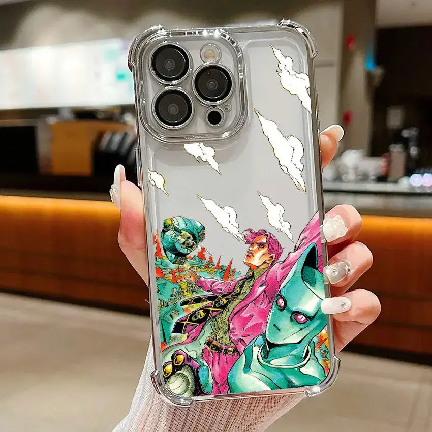 Clear protective samsung galaxy phone case with vibrant bizarre adventure jotaro anime artwork on the back side