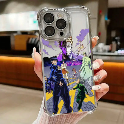 Back side of clear protective samsung galaxy phone case with vibrant bizarre adventure jotaro anime art and silver bumper edges