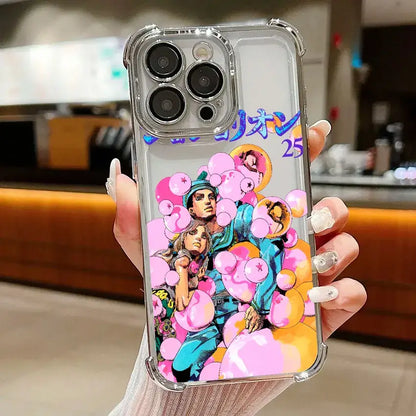 Clear protective samsung galaxy phone case with vibrant bizarre adventure jotaro illustration and pink orange bubbles back view