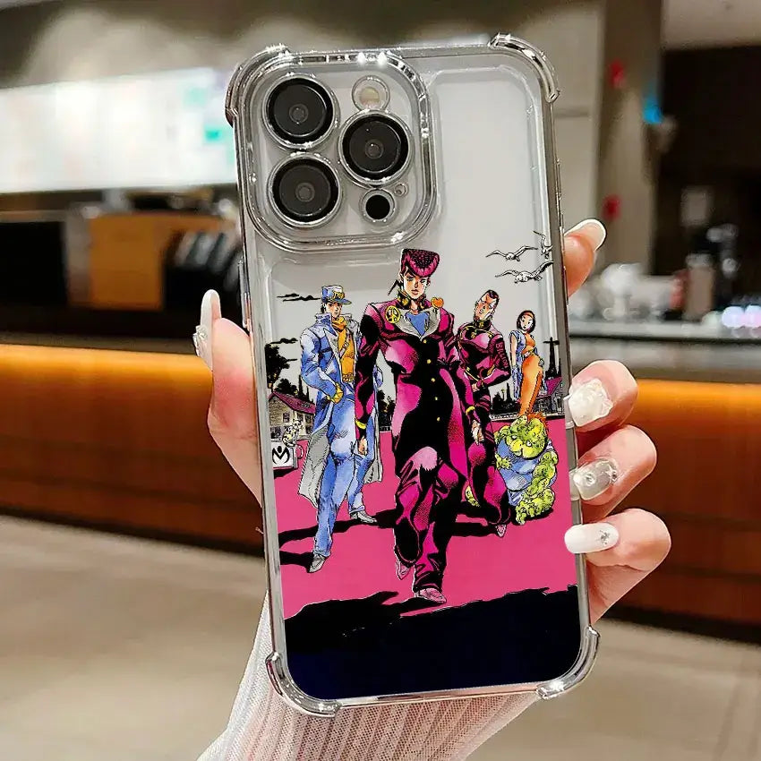 Clear protective samsung galaxy phone case with vibrant bizarre adventure jotaro illustration on pink and black back side