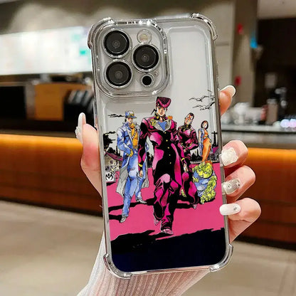 Clear protective samsung galaxy phone case with vibrant bizarre adventure jotaro illustration on pink and black back side