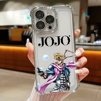 Clear protective samsung galaxy phone case with black jojo logo and blonde anime character for bizarre adventure jotaro fans