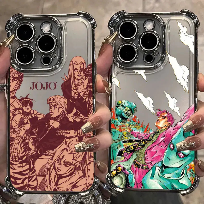 Two transparent samsung galaxy phone cases with metallic frames featuring vibrant bizarre adventure jotaro artwork on back