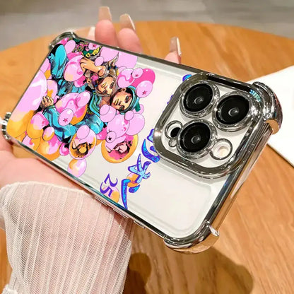 Back of a vibrant transparent samsung galaxy phone case with glossy silver bumper and bizarre adventure jotaro artwork and pink balloons