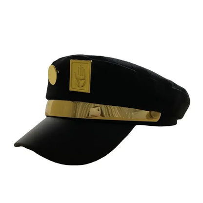Black velvet kujo jotaro cosplay cap with gold metal accents and hand emblem for jojo’s bizarre adventure fans