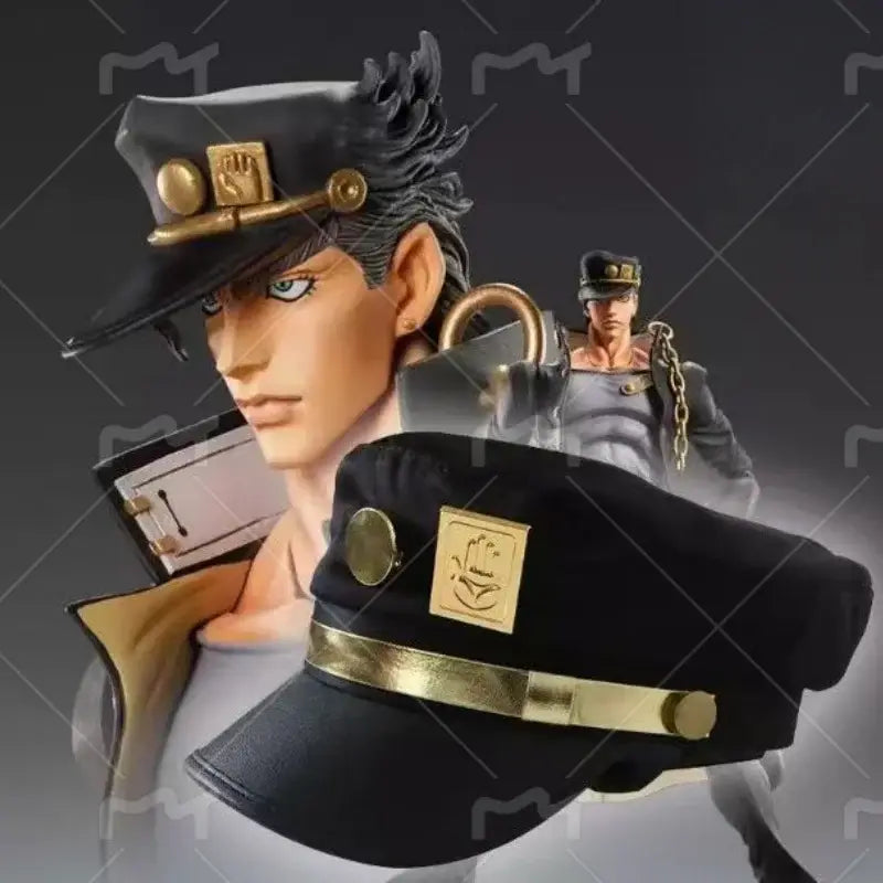 Black leather style jojo’s bizarre adventure kujo jotaro cosplay cap with gold metal accents and a stylized face emblem