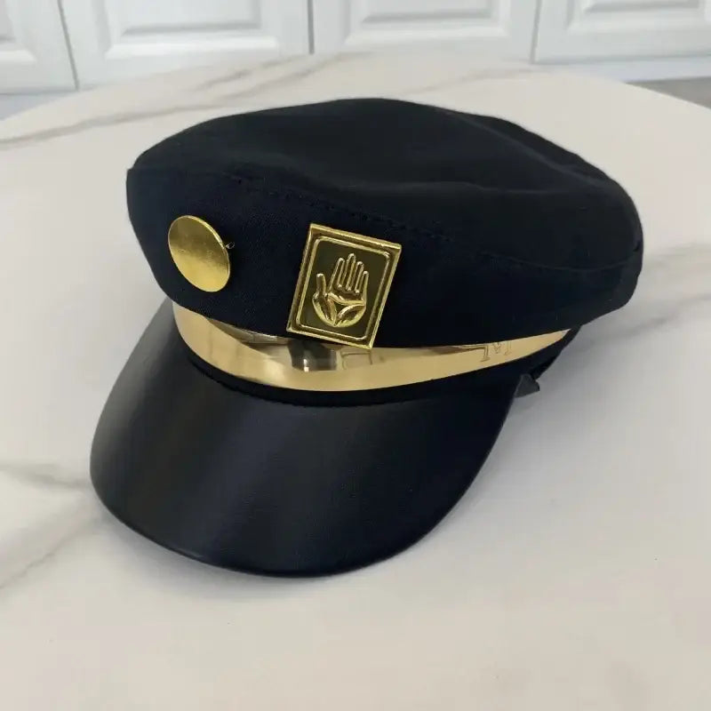 Black fabric cosplay cap with gold metal emblem and circular badge for jojo’s bizarre adventure kujo jotaro cosplay