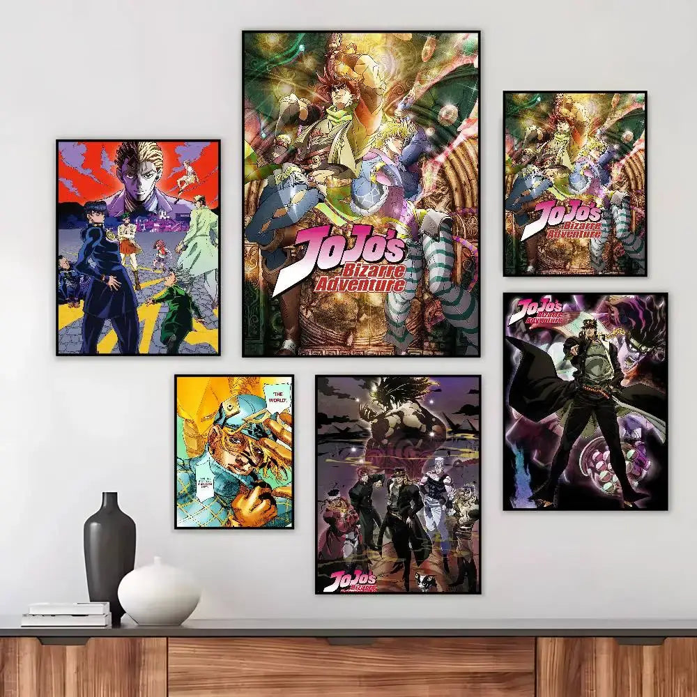Set of five vibrant bizarre adventure canvas posters in retro style perfect for living room wall decor