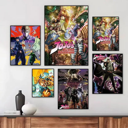 Set of five vibrant bizarre adventure canvas posters in retro style perfect for living room wall decor