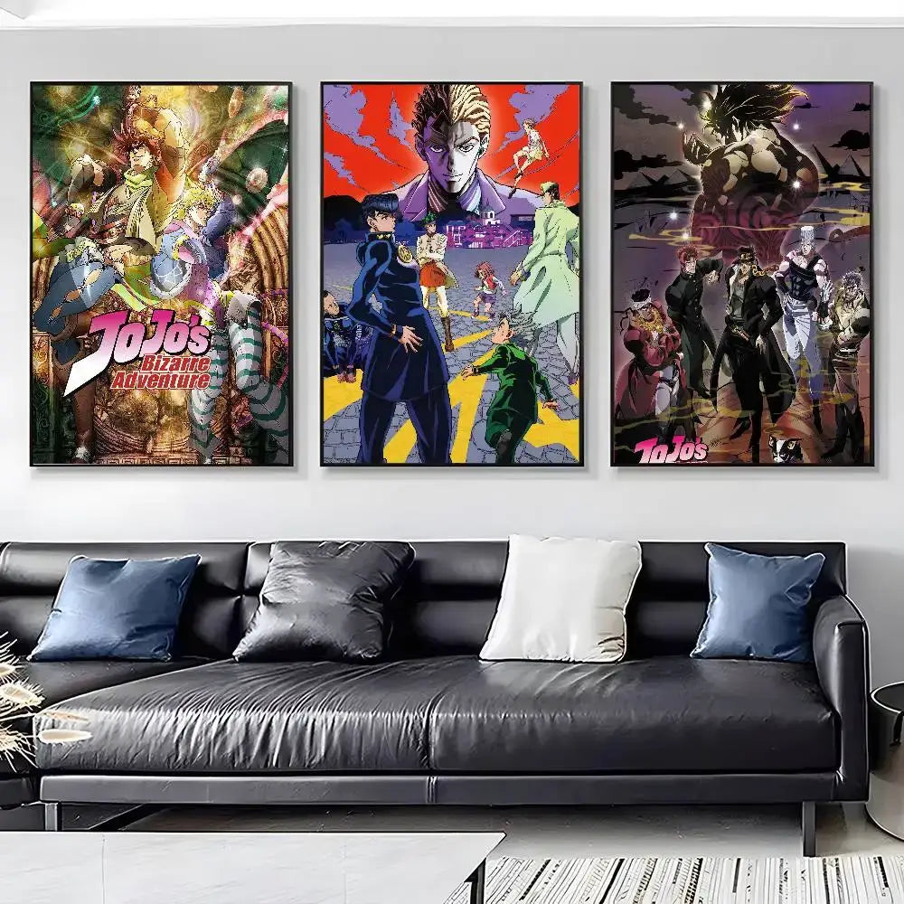 Three framed jojo’s bizarre adventure canvas posters with vibrant colorful artwork perfect for living room decor
