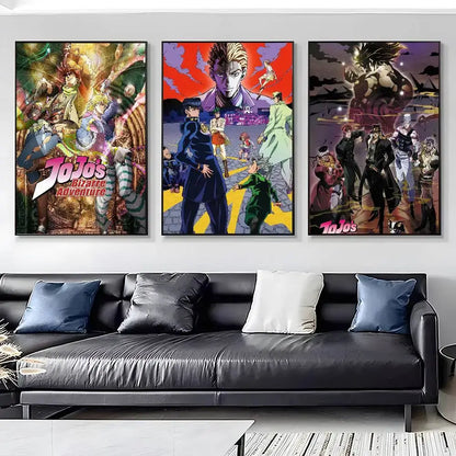 Three framed jojo’s bizarre adventure canvas posters with vibrant colorful artwork perfect for living room decor