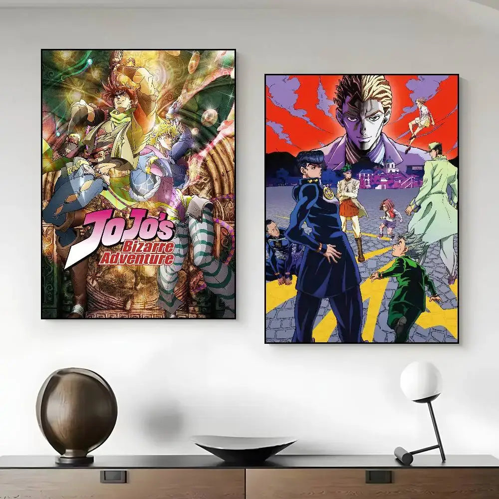 Two framed canvas posters with vibrant colorful artwork from jojo’s bizarre adventure perfect for living room decor