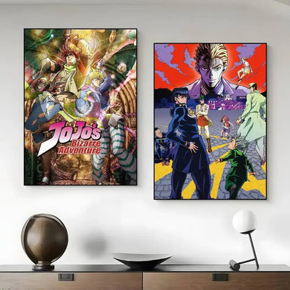 Two framed canvas posters with vibrant colorful artwork from jojo’s bizarre adventure perfect for living room decor