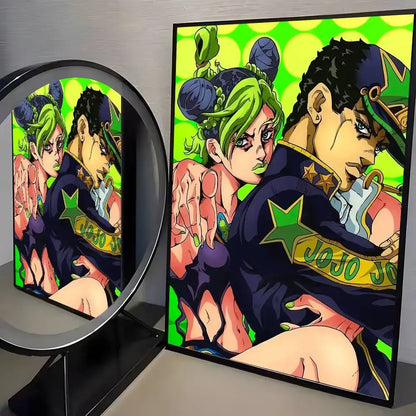 Vibrant green and purple jojo bizarre adventure canvas poster with dynamic characters in sleek black frame for living room decor