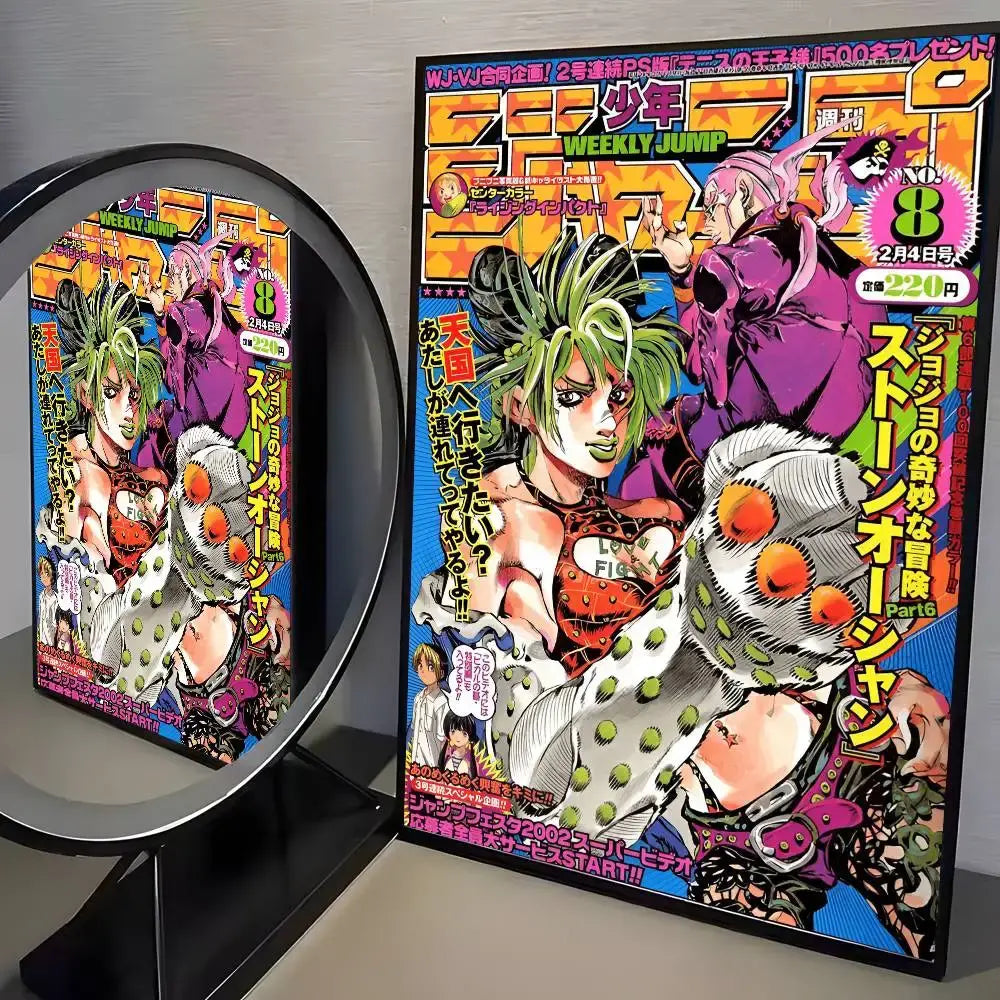 Vibrant purple and green jojo’s bizarre adventure canvas poster with bold characters for living room decor hd print