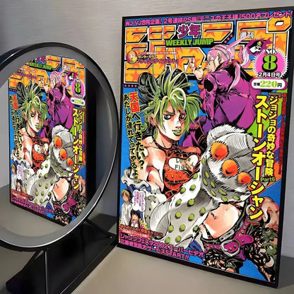 Vibrant purple and green jojo’s bizarre adventure canvas poster with bold characters for living room decor hd print