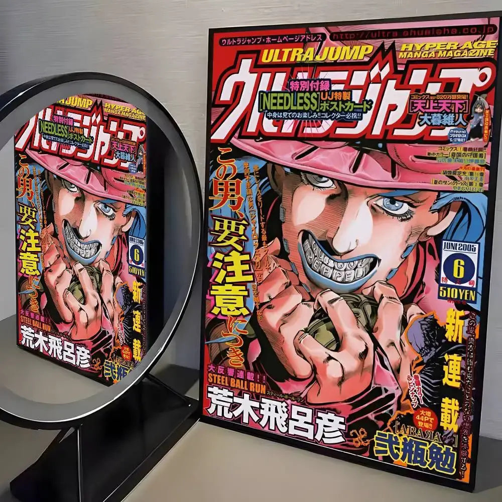 Vibrant red and black canvas poster of JoJos Bizarre Adventure featuring a character in a pink hat perfect for living room decor