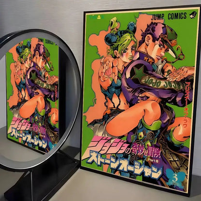 Vibrant green and orange canvas poster of jojo’s bizarre adventure part 6 stone ocean perfect for living room decor