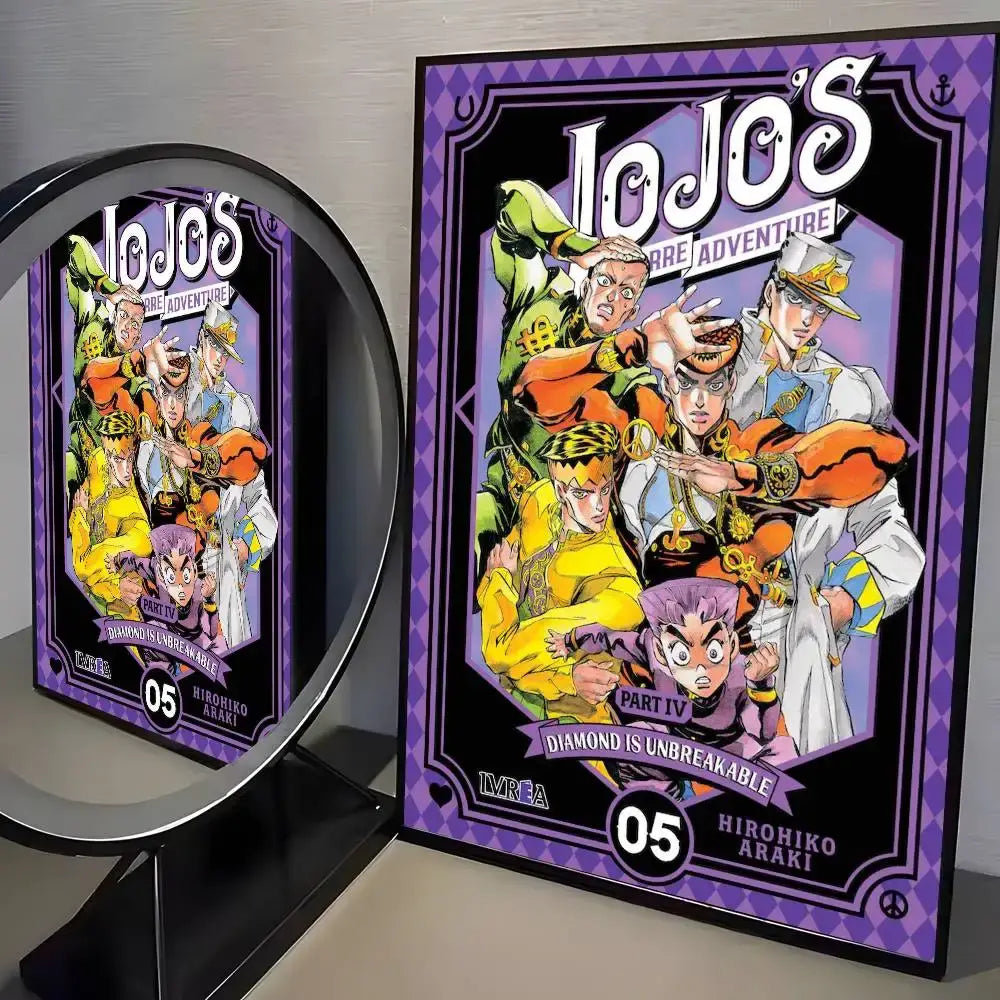 Purple-framed jojo’s bizarre adventure canvas poster with vibrant art and bold white lettering for living room decor