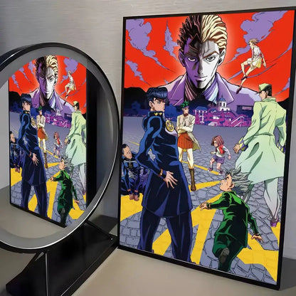 Vibrant jojo’s bizarre adventure canvas poster with dynamic characters and bold red purple sky for living room decor