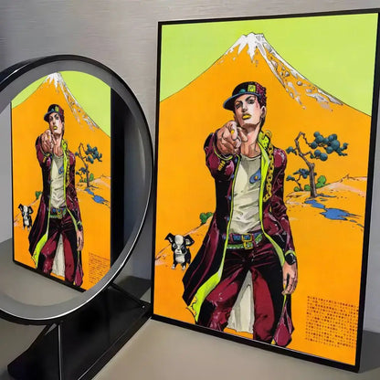Vibrant bizarre adventure canvas poster featuring a character in maroon and neon green coat with mount fuji for living room