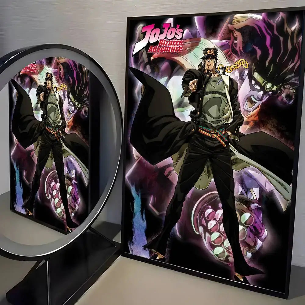 Jojo’s bizarre adventure retro canvas poster featuring black-and-white anime character on vibrant purple background for living room display