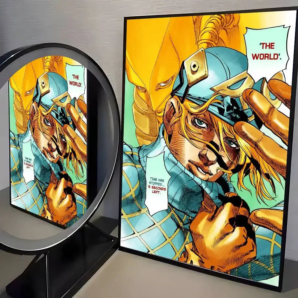 Framed jojo’s bizarre adventure canvas poster featuring blue and gold armor character on yellow and teal background for living room decor