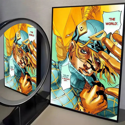 Framed jojo’s bizarre adventure canvas poster featuring blue and gold armor character on yellow and teal background for living room decor