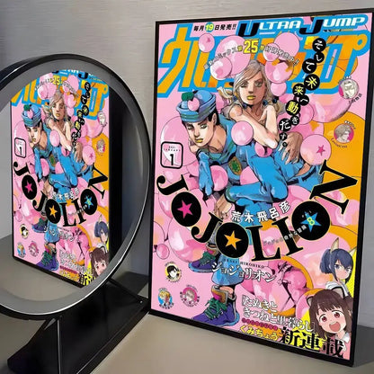 Jojos bizarre adventure canvas poster with vibrant pink and blue artwork in a black frame for living room decor