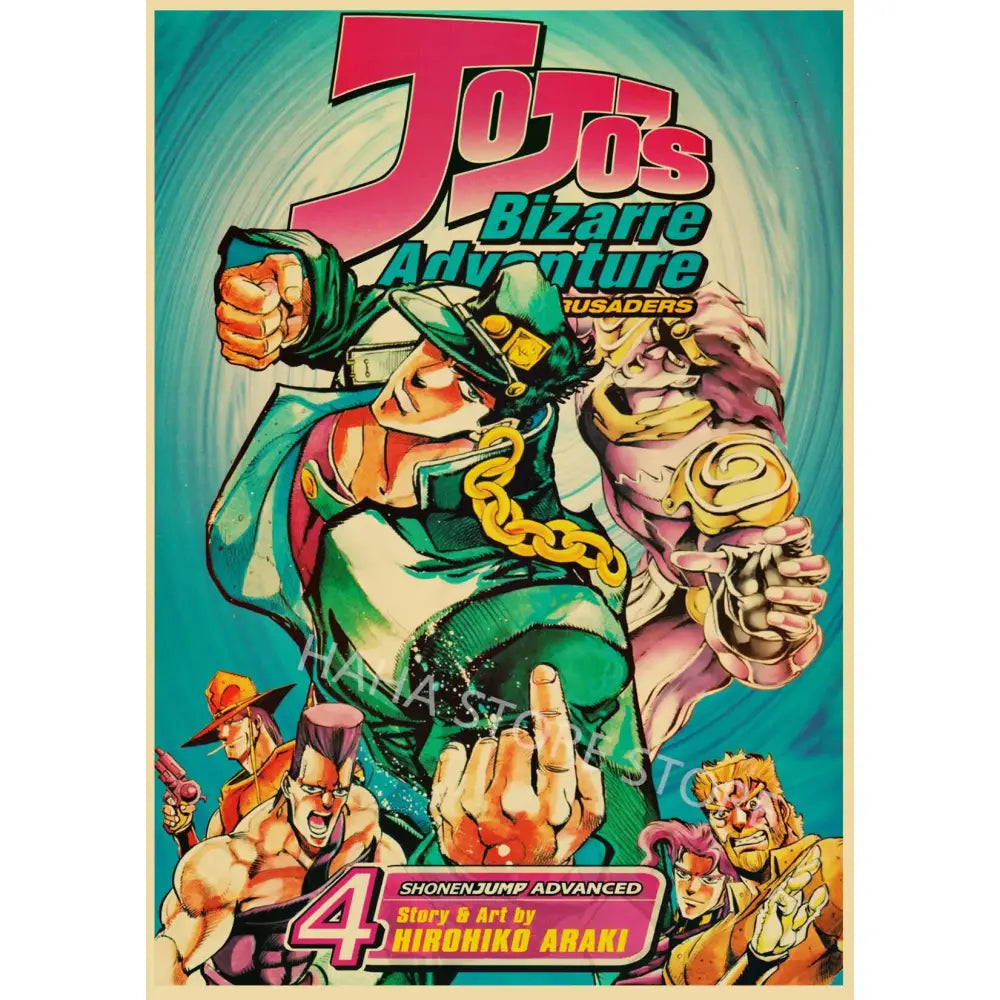 Vibrant green and pink jojo’s bizarre adventure volume 4 manga poster on kraft paper wall art for retro decor