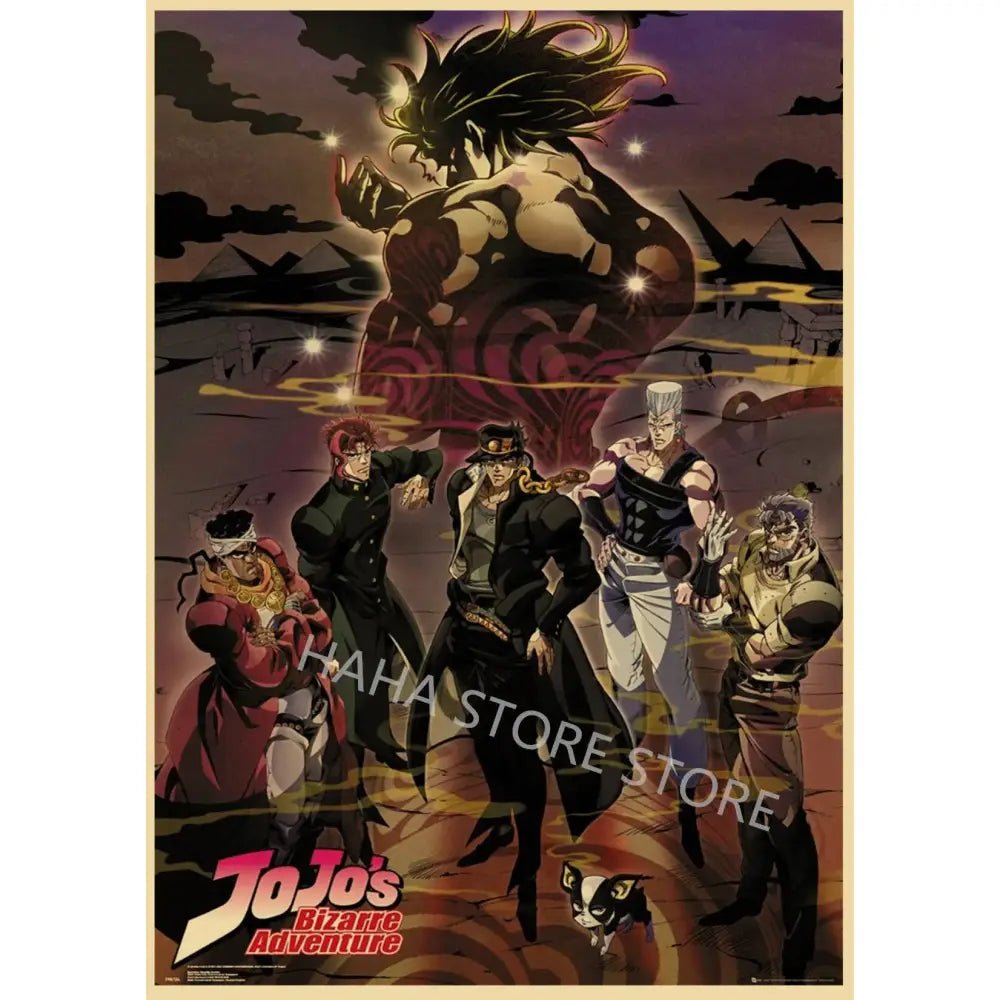 Vintage style jojo’s bizarre adventure retro poster wall art on kraft paper featuring iconic characters in dynamic poses
