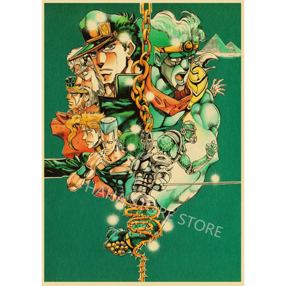 Vibrant green and gold jojo’s bizarre adventure anime poster on kraft paper wall art for retro decor