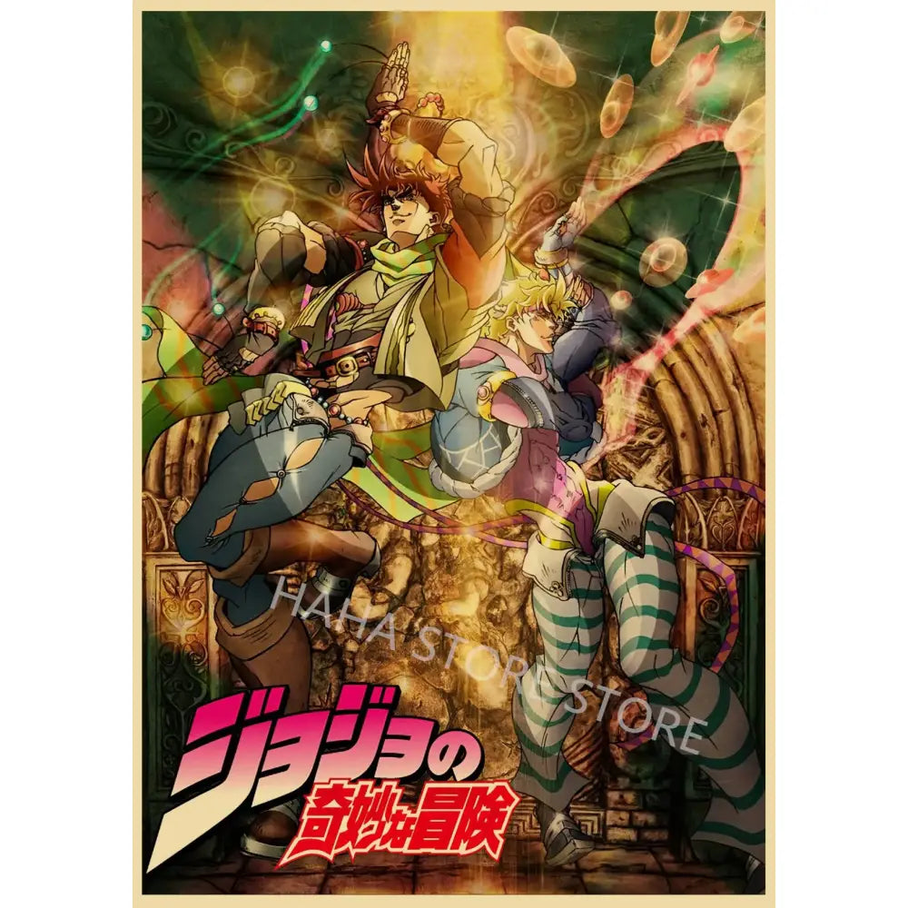 Vibrant jojo’s bizarre adventure retro poster wall art featuring four colorful characters on kraft paper material