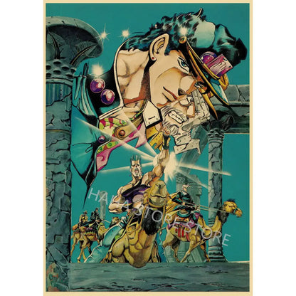 JoJo’s Bizarre Adventure retro poster wall art on kraft paper featuring a muscular man with a golden headpiece holding a glowing pink object