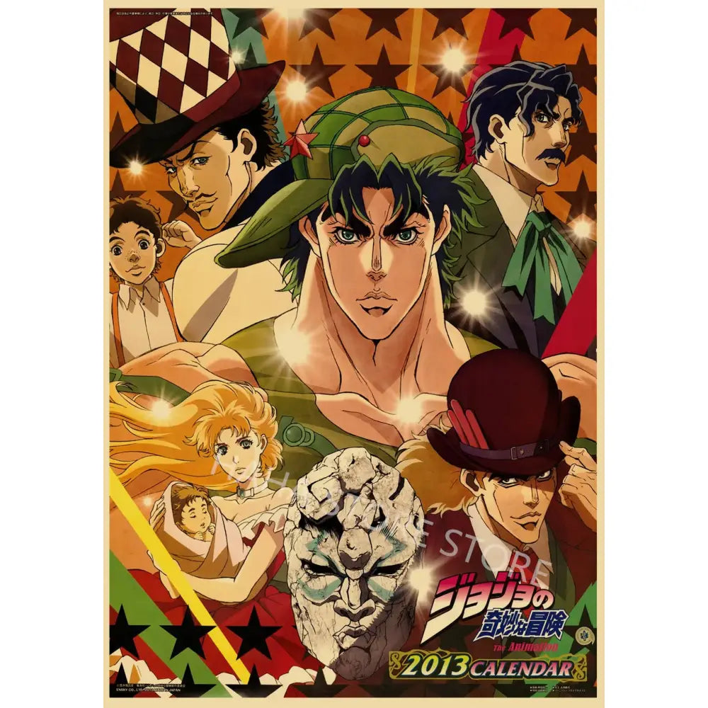 Vibrant jojo’s bizarre adventure retro poster wall art with bold star patterns on kraft paper for stylish decor