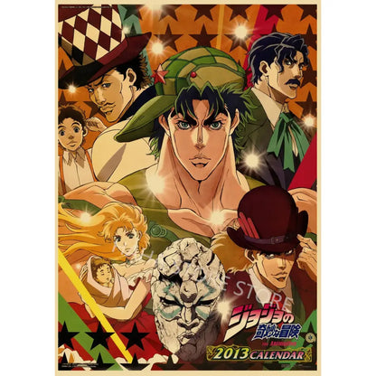 Vibrant jojo’s bizarre adventure retro poster wall art with bold star patterns on kraft paper for stylish decor