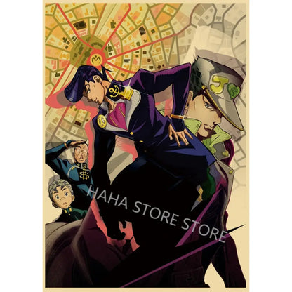 Jojo’s bizarre adventure retro poster wall art featuring anime character in purple and black suit on kraft paper