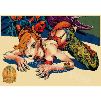 A vibrant JoJo’s Bizarre Adventure wall art featuring a character with orange hair on kraft paper material