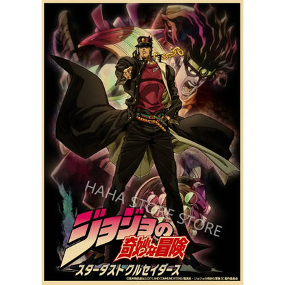 Black and red jojo’s bizarre adventure wall art featuring character in black coat with gold chain belt on kraft paper