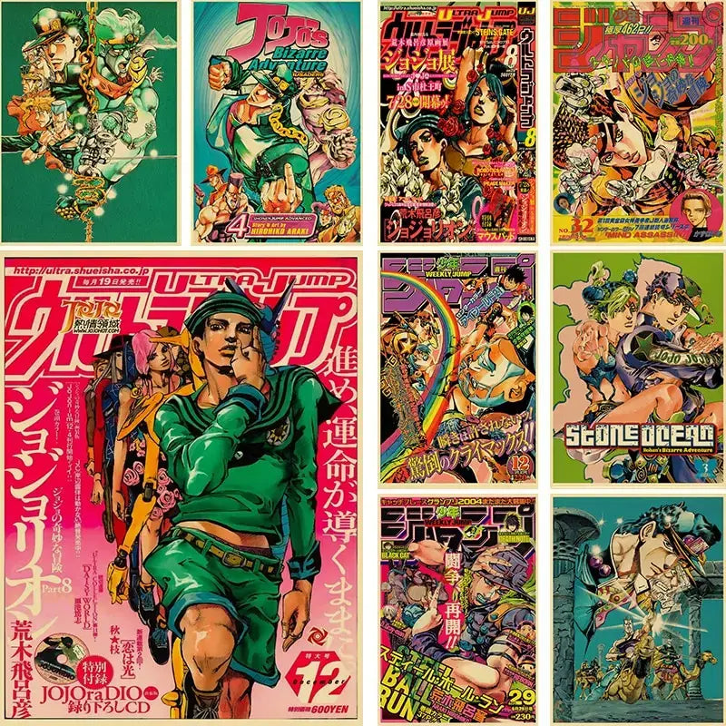 Jojo’s bizarre adventure retro poster wall art with vibrant green and pink manga cover on kraft paper