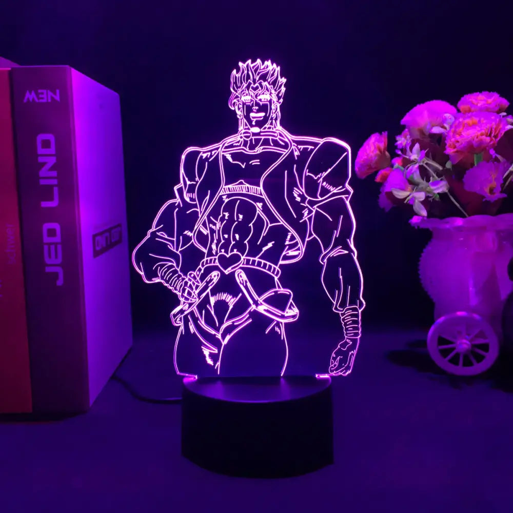 Purple glowing 3d led night light featuring a stylized anime character with 7-color touch control for bizarre adventure fans