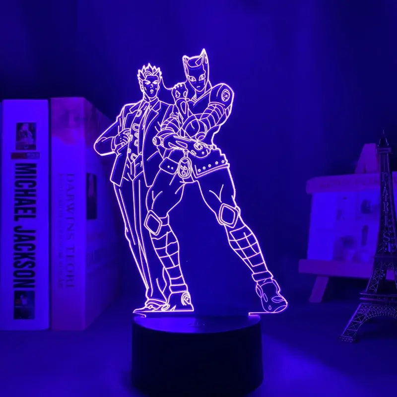 Purple neon-lit 3d led night light featuring two JoJo’s Bizarre Adventure anime characters with 7-color touch control