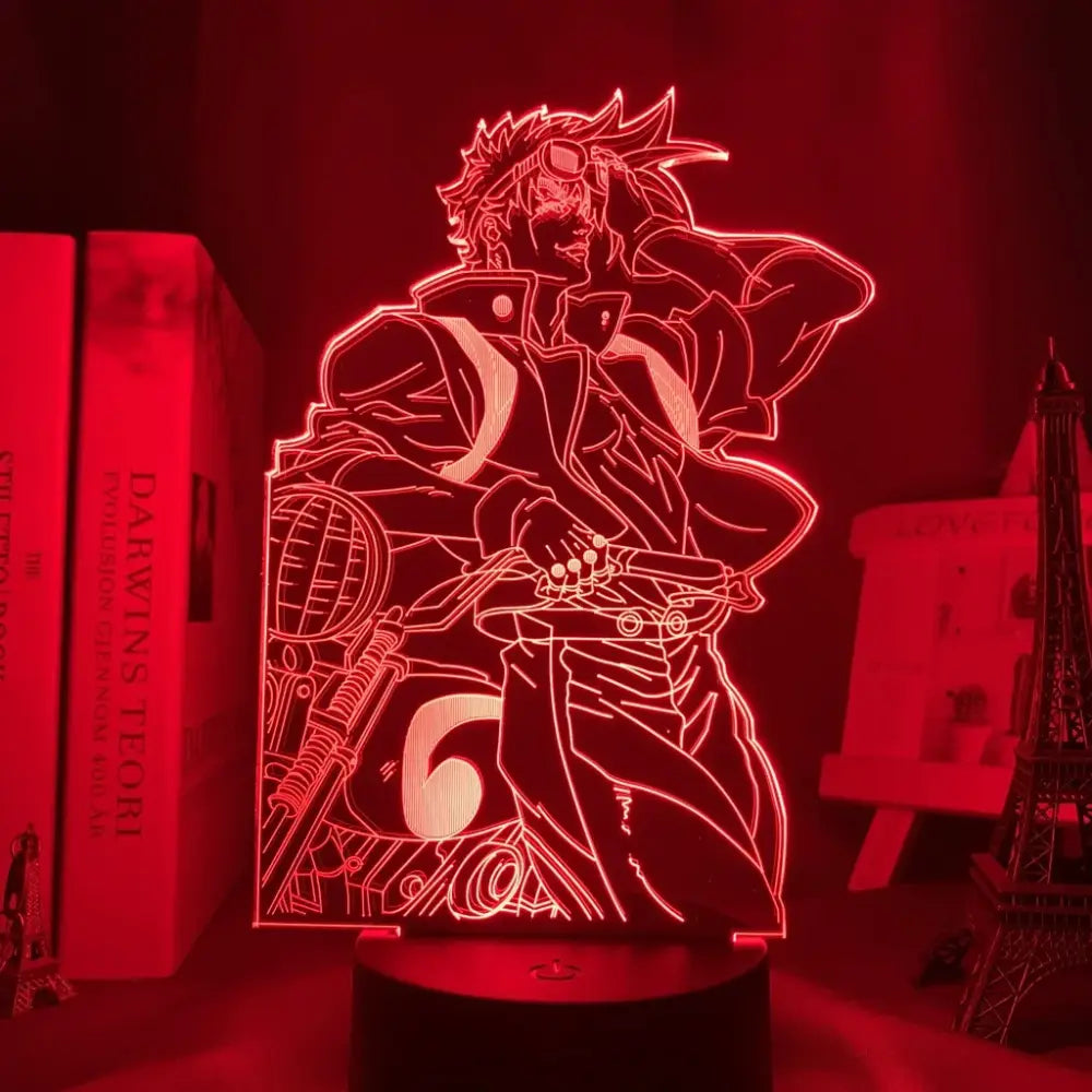 Red glowing 3d led lamp featuring jojo’s bizarre adventure anime character with spiky hair holding motorcycle night light with 7-color touch control