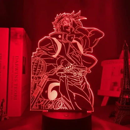 Red glowing 3d led lamp featuring jojo’s bizarre adventure anime character with spiky hair holding motorcycle night light with 7-color touch control