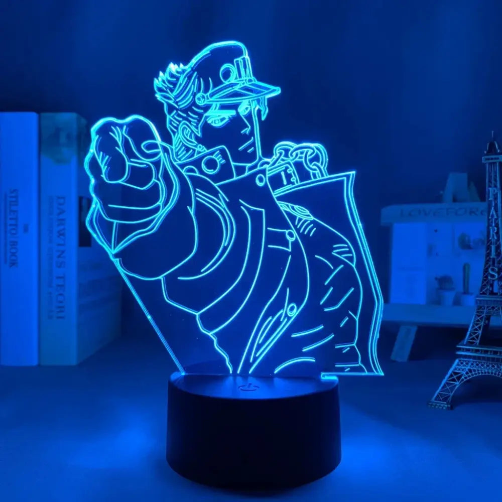 Blue neon-lit 3d led lamp featuring a stylized jojo’s bizarre adventure anime character with 7-color touch control night light