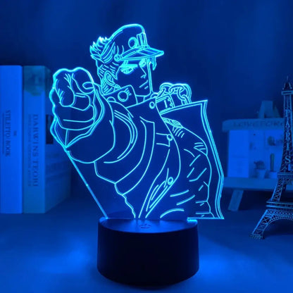 Blue neon-lit 3d led lamp featuring a stylized jojo’s bizarre adventure anime character with 7-color touch control night light